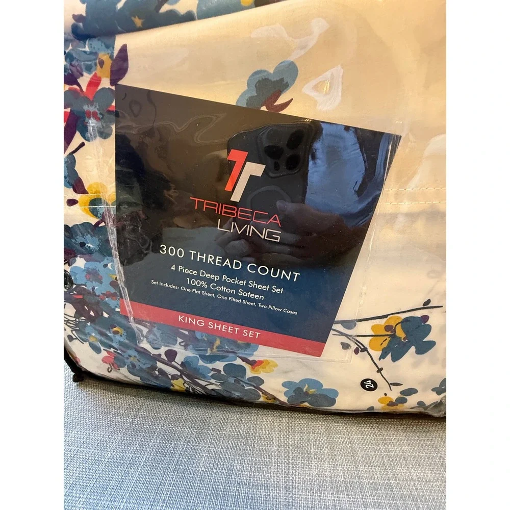 Tribeca Living King Sheet Set 300TC Cotton Sateen Casablanca Floral Deep Pocket